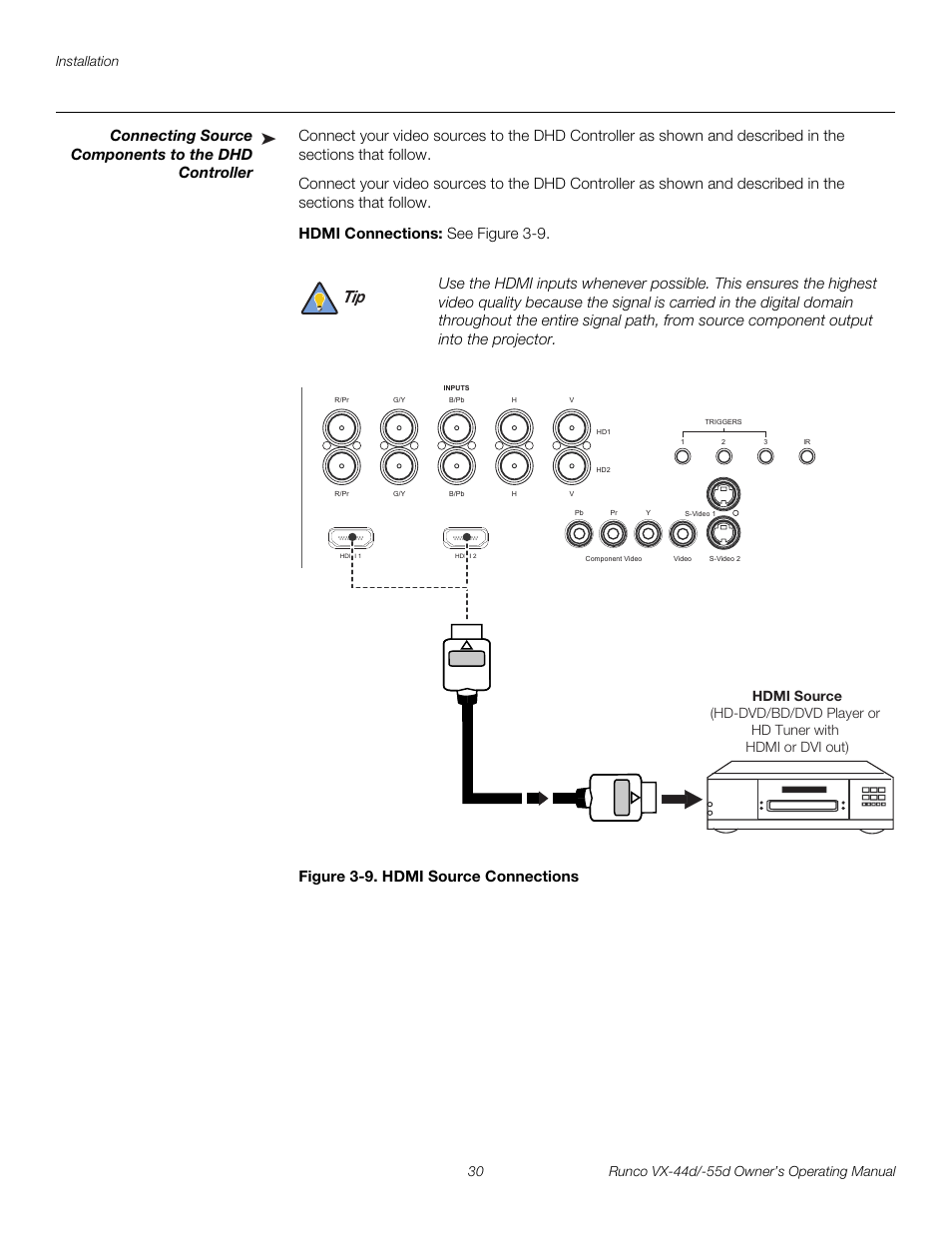 Connecting source components to the dhd controller, Hdmi connections, Figure 3-9 . hdmi source connections | 9. hdmi source connections, Pre l iminar y | Runco 1080p User Manual | Page 42 / 114