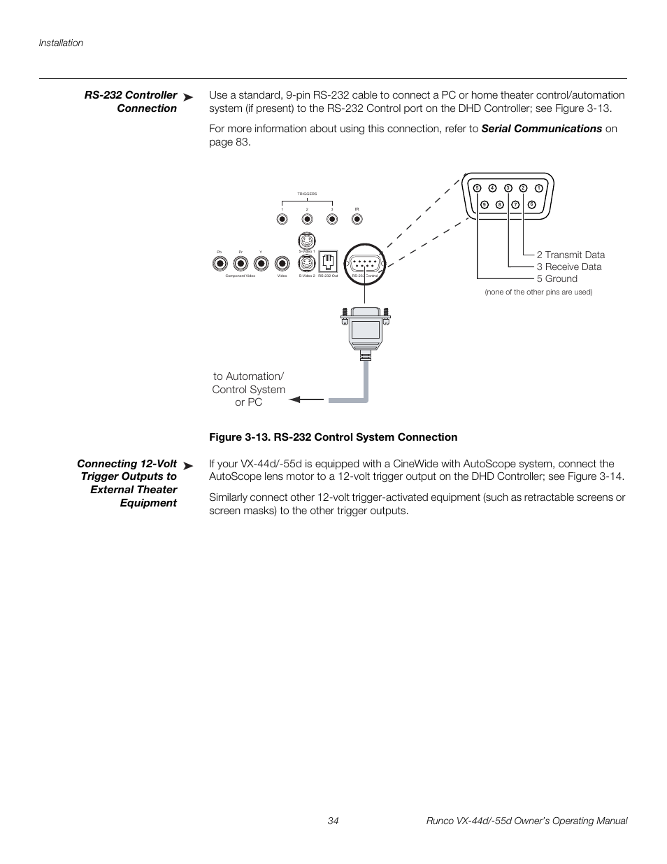 Rs-232 controller connection, Figure 3-13 . rs-232 control system connection, 13. rs-232 control system connection | Pre l iminar y | Runco 1080p User Manual | Page 46 / 114