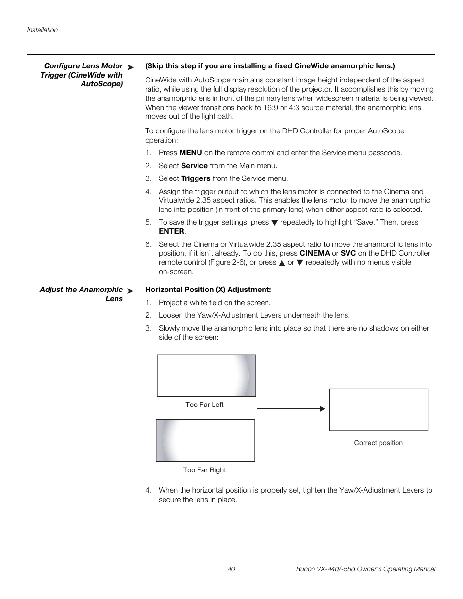 Adjust the anamorphic lens, Horizontal position (x) adjustment, Pre l iminar y | Runco 1080p User Manual | Page 52 / 114