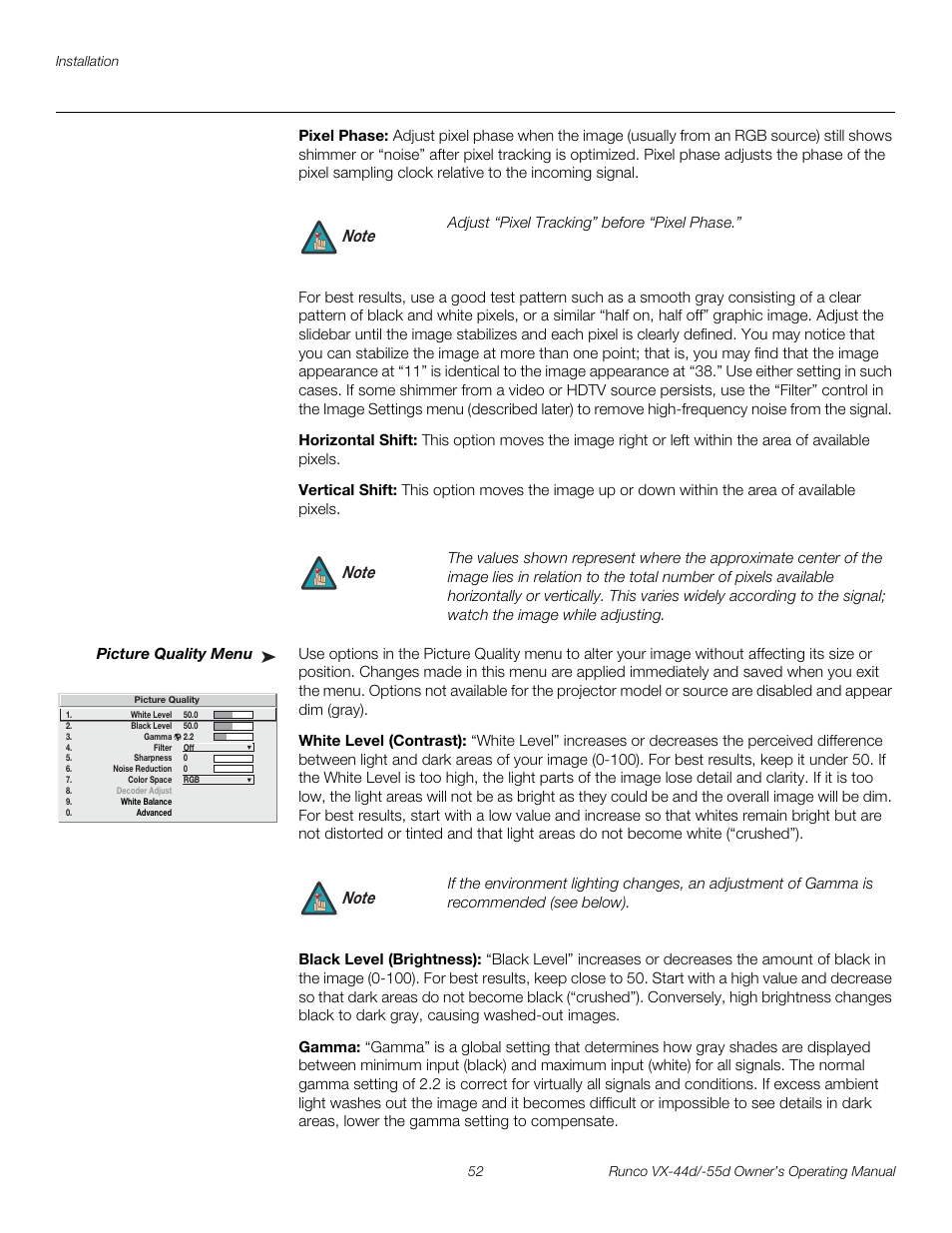 Pixel phase, Horizontal shift, Vertical shift | Picture quality menu, White level (contrast), Black level (brightness), Gamma, Pre l iminar y | Runco 1080p User Manual | Page 64 / 114