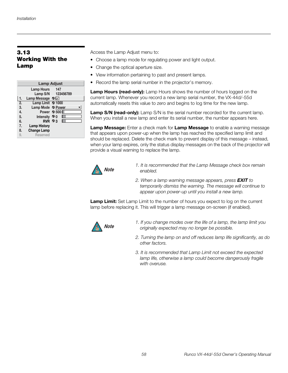 13 working with the lamp, Lamp hours (read-only), Lamp s/n (read-only) | Lamp message, Lamp limit, Working with the lamp, Pre l iminar y | Runco 1080p User Manual | Page 70 / 114