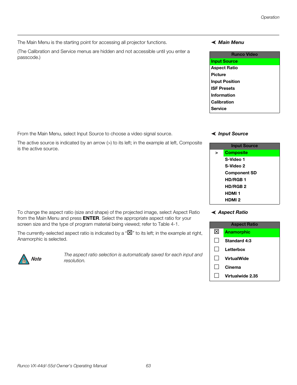 Main menu, Input source, Aspect ratio | Pre l iminar y | Runco 1080p User Manual | Page 75 / 114