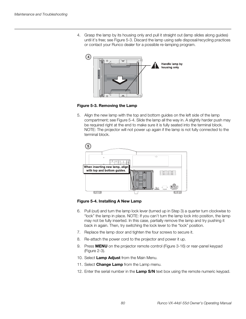 Figure 5-3 . removing the lamp, Figure 5-4 . installing a new lamp, 3. removing the lamp | 4. installing a new lamp, Pre l iminar y | Runco 1080p User Manual | Page 92 / 114