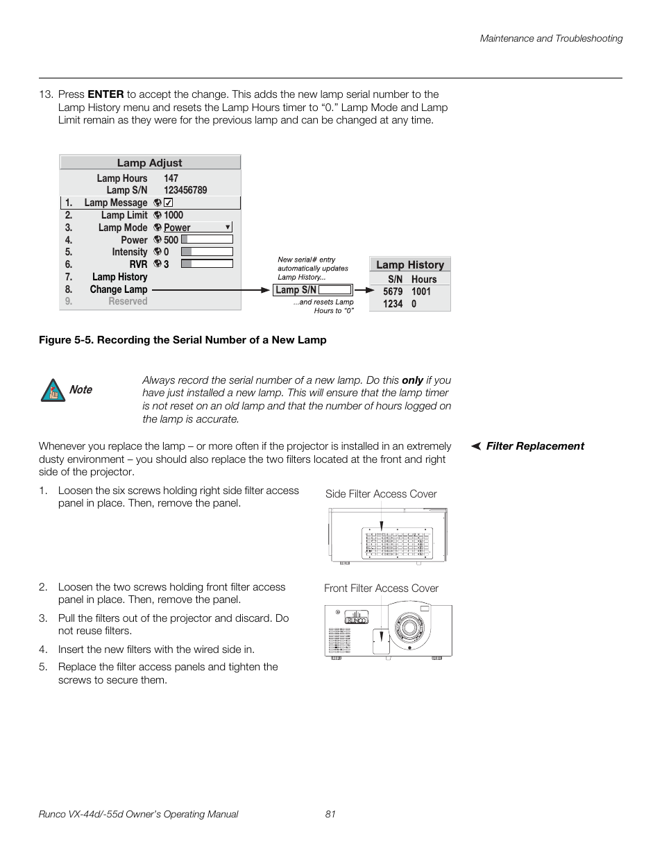 Filter replacement, 5. recording the serial number of a new lamp, Pre l iminar y | Runco 1080p User Manual | Page 93 / 114