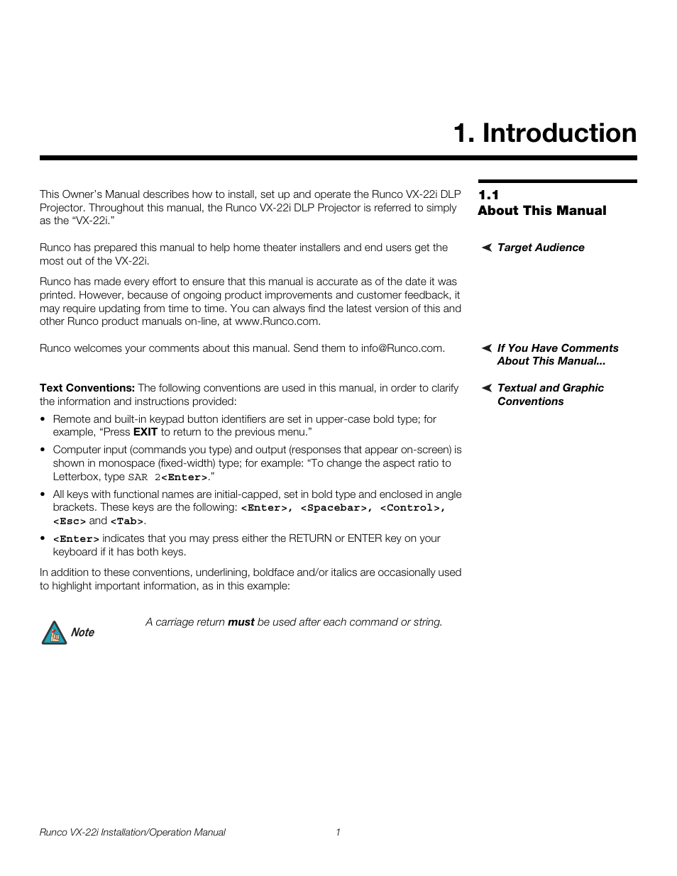 Introduction, 1 about this manual, Target audience | If you have comments about this manual, Textual and graphic conventions, Text conventions, About this manual, Pre l iminar y | Runco VIDEO XTREME VX-22I User Manual | Page 15 / 88