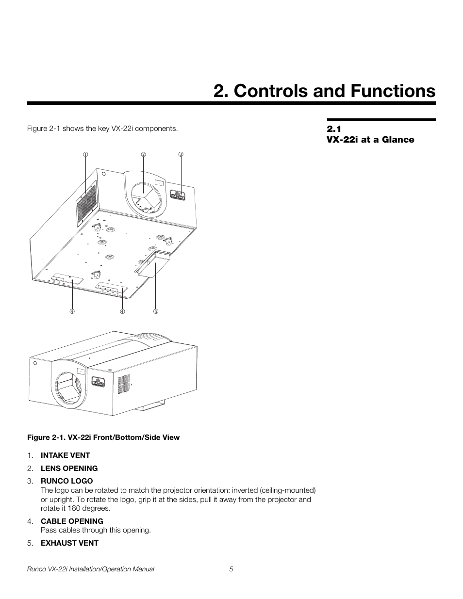 Controls and functions, 1 vx-22i at a glance, Figure 2-1 . vx-22i front/bottom/side view | Iminar, Vx-22i at a glance, 1. vx-22i front/bottom/side view, Pre l iminar y | Runco VIDEO XTREME VX-22I User Manual | Page 19 / 88