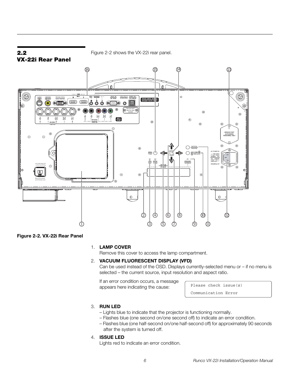 2 vx-22i rear panel, Figure 2-2 . vx-22i rear panel, Vx-22i rear panel | 2. vx-22i rear panel, Pre l iminar y | Runco VIDEO XTREME VX-22I User Manual | Page 20 / 88