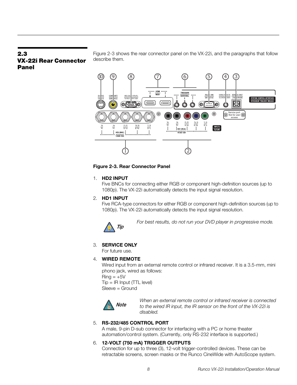 3 vx-22i rear connector panel, Figure 2-3 . rear connector panel, Vx-22i rear connector panel | 3. rear connector panel, Pre l iminar y | Runco VIDEO XTREME VX-22I User Manual | Page 22 / 88