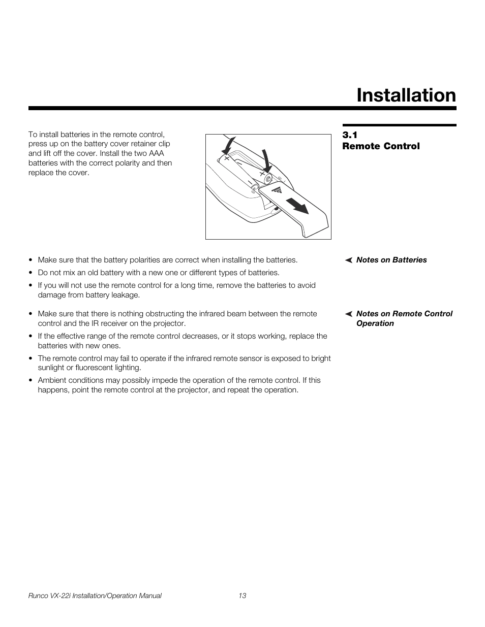 Installation, 1 remote control, Notes on batteries | Notes on remote control operation, Remote control, Pre l iminar y | Runco VIDEO XTREME VX-22I User Manual | Page 27 / 88
