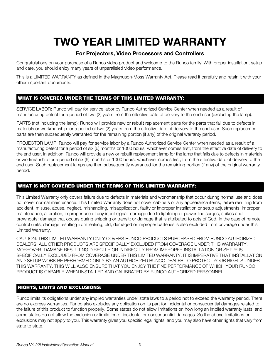Two year limited warranty, Pre l iminar y | Runco VIDEO XTREME VX-22I User Manual | Page 3 / 88