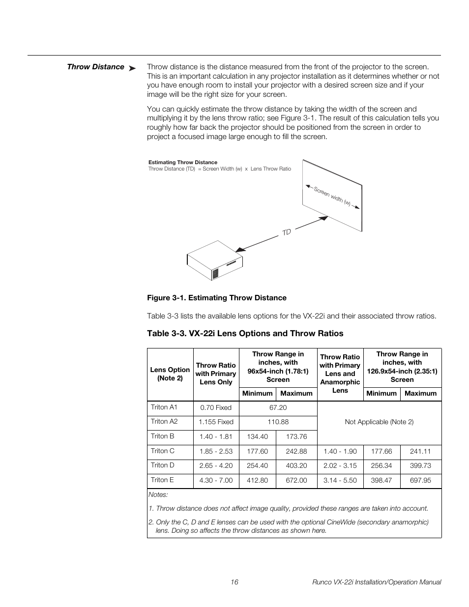 Throw distance, Figure 3-1 . estimating throw distance, Table 3-3 . vx-22i lens options and throw ratios | 1. estimating throw distance, Pre l iminar y | Runco VIDEO XTREME VX-22I User Manual | Page 30 / 88