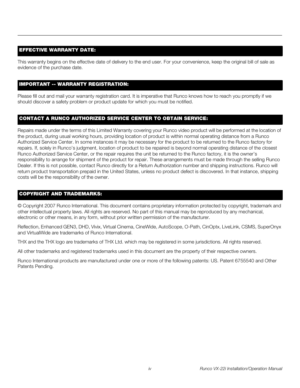 Pre l iminar y | Runco VIDEO XTREME VX-22I User Manual | Page 4 / 88