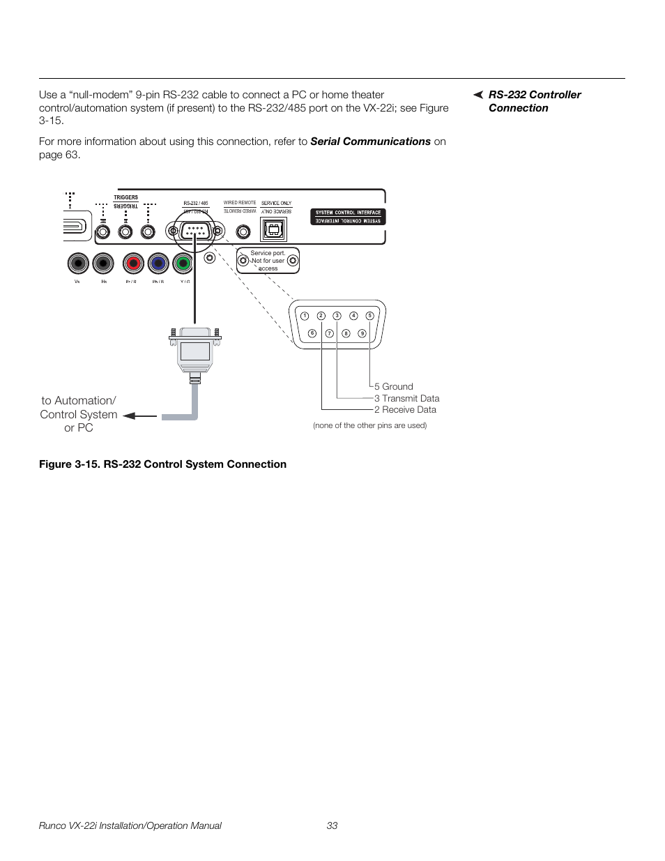 Rs-232 controller connection, Figure 3-15 . rs-232 control system connection, 15. rs-232 control system connection | Pre l iminar y | Runco VIDEO XTREME VX-22I User Manual | Page 47 / 88