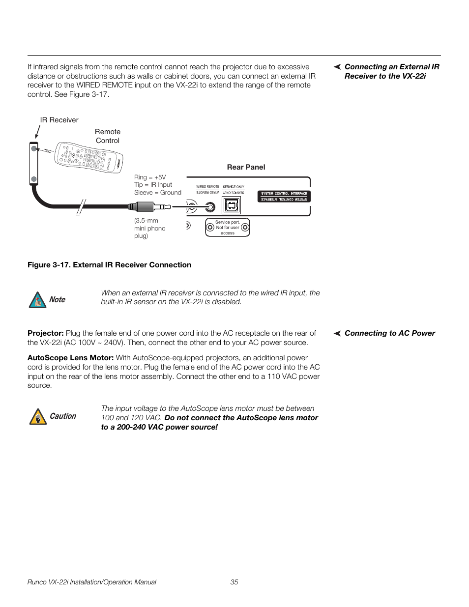 Connecting an external ir receiver to the vx-22i, Figure 3-17 . external ir receiver connection, Connecting to ac power | Projector, Autoscope lens motor, 17. external ir receiver connection, Pre l iminar y | Runco VIDEO XTREME VX-22I User Manual | Page 49 / 88