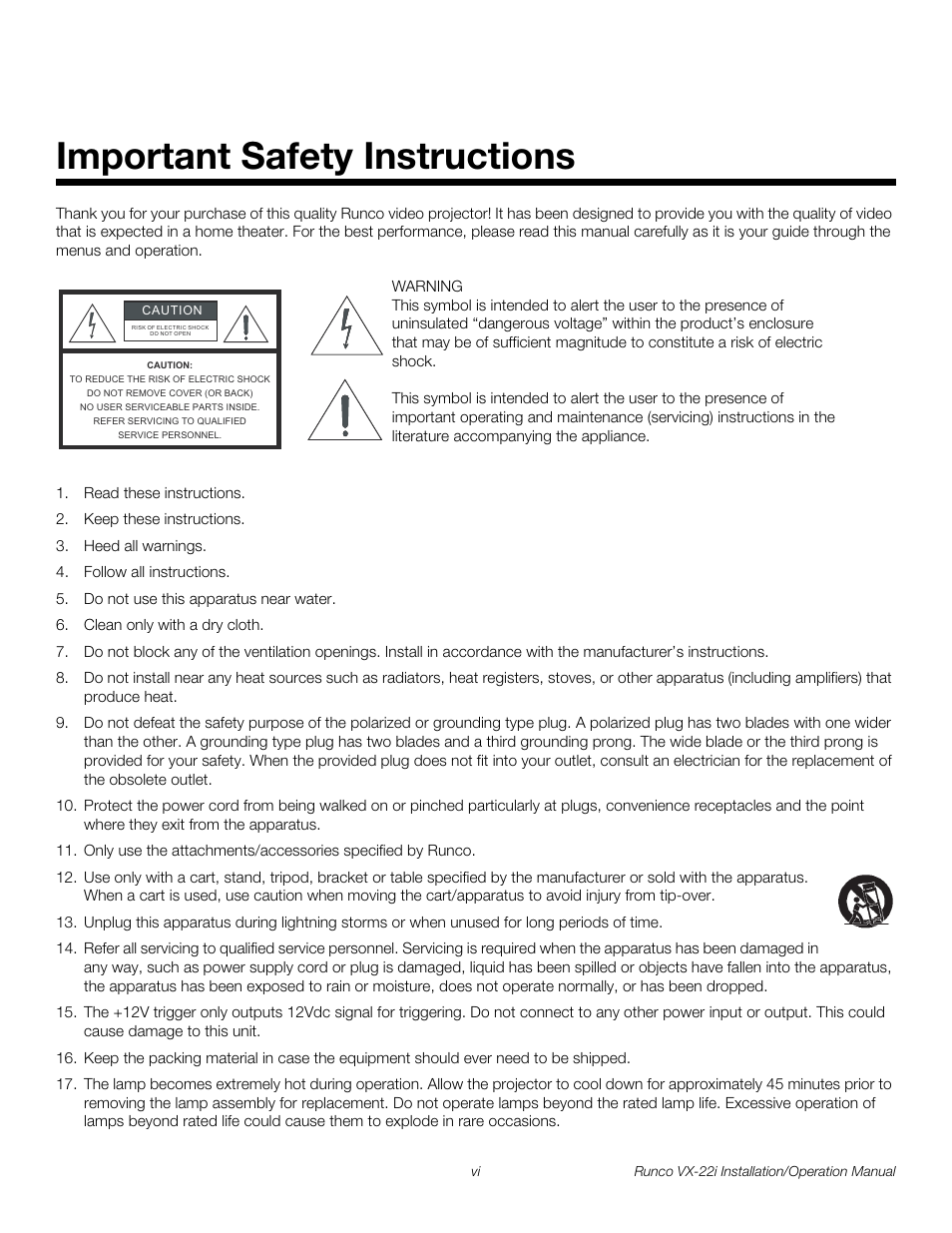 Important safety instructions, Pre l iminar y | Runco VIDEO XTREME VX-22I User Manual | Page 6 / 88