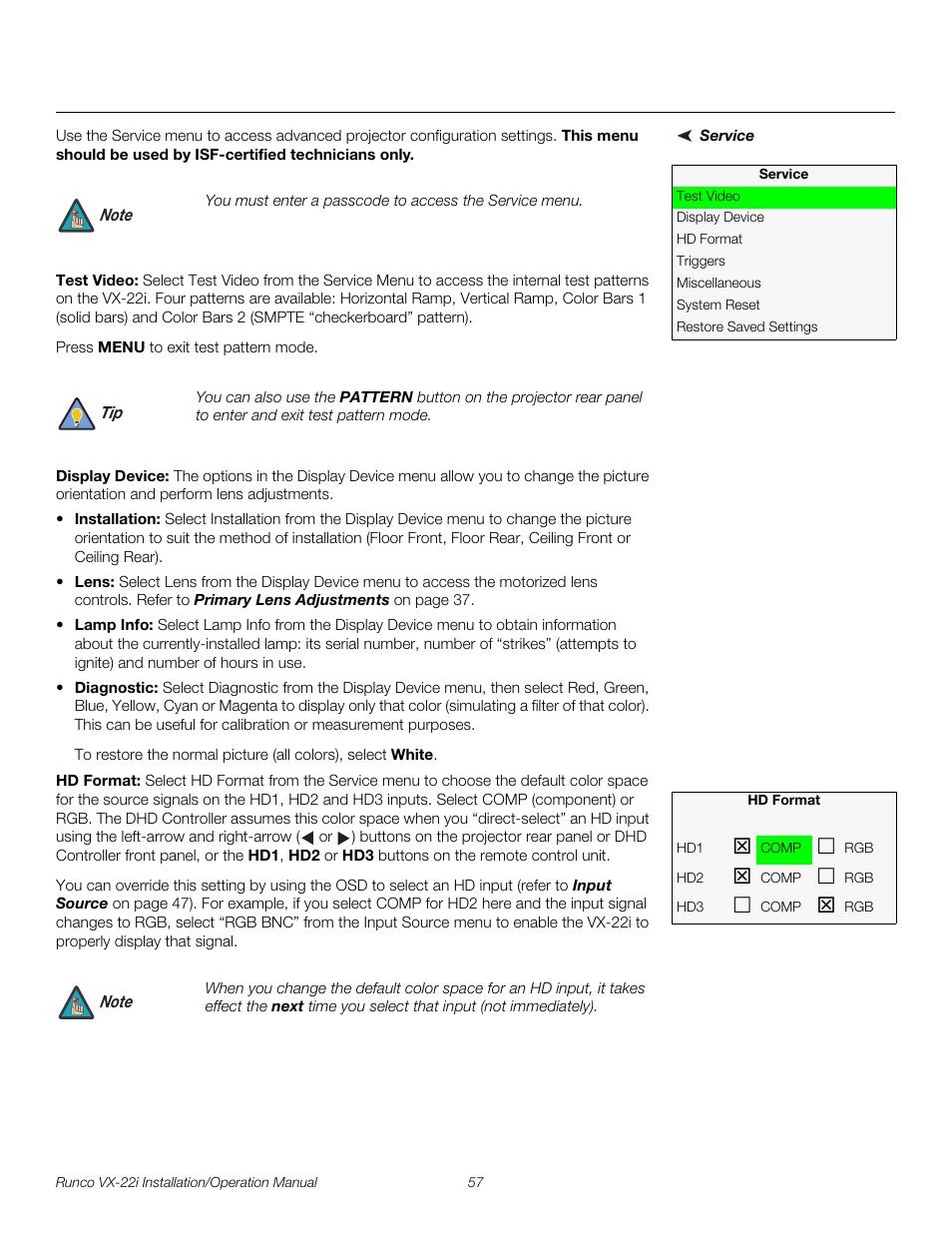 Service, Test video, Display device | Hd format, Pre l iminar y | Runco VIDEO XTREME VX-22I User Manual | Page 71 / 88