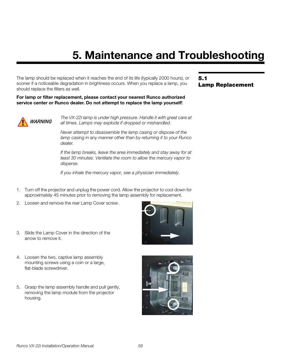 Maintenance and troubleshooting, 1 lamp replacement, Lamp replacement | Pre l iminar y | Runco VIDEO XTREME VX-22I User Manual | Page 73 / 88