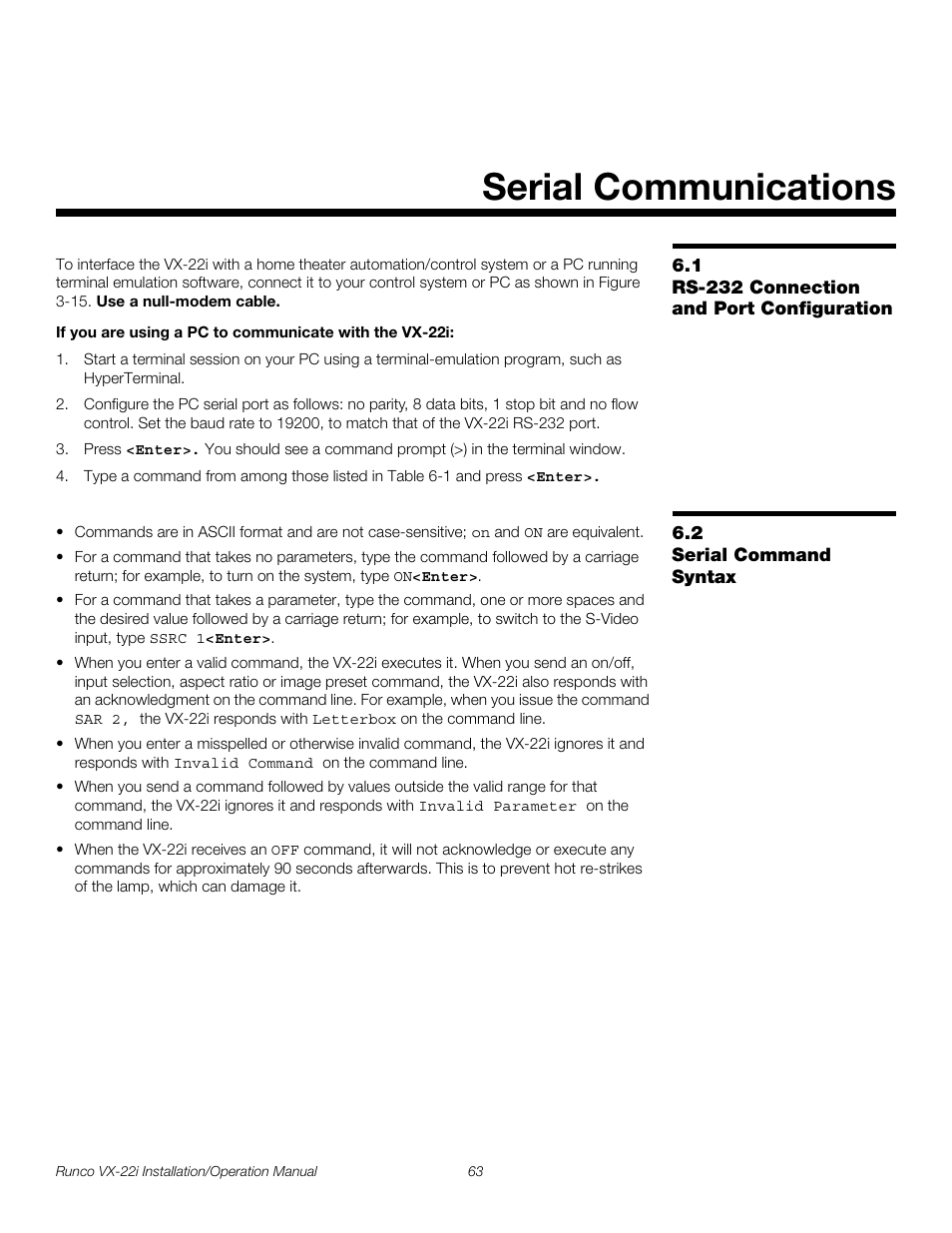 Serial communications, 1 rs-232 connection and port configuration, 2 serial command syntax | Rs-232 connection and port configuration, Serial command syntax, Pre l iminar y | Runco VIDEO XTREME VX-22I User Manual | Page 77 / 88