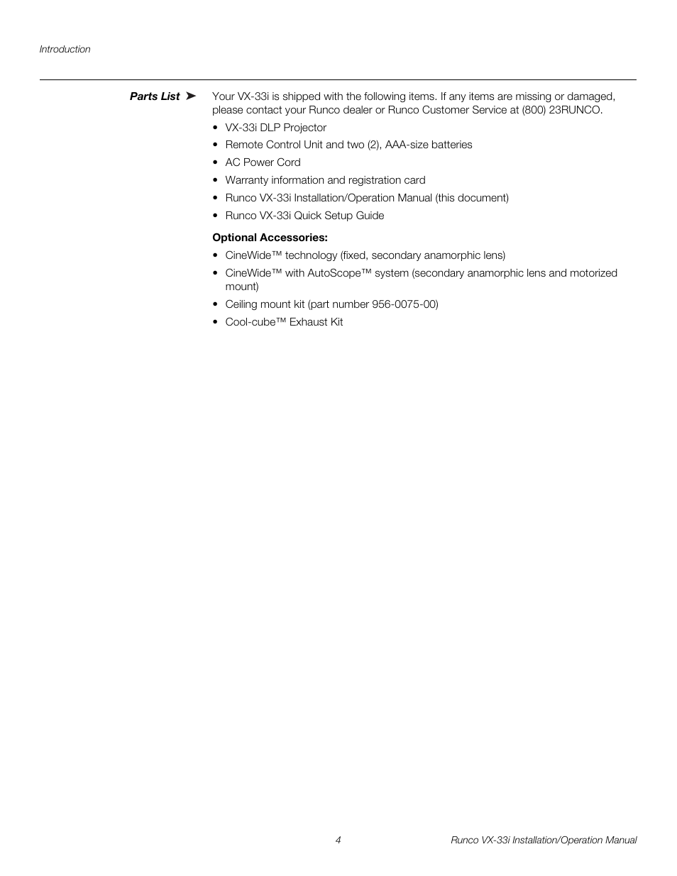 Parts list, Optional accessories, Pre l iminar y | Runco VIDEO XTREME VX-33I User Manual | Page 20 / 92