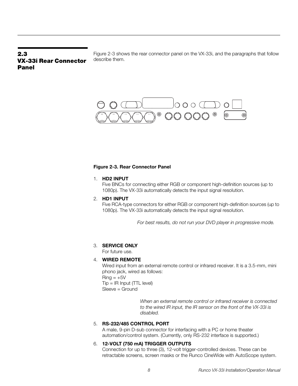3 vx-33i rear connector panel, Figure 2-3 . rear connector panel, Vx-33i rear connector panel | 3. rear connector panel, Pre l iminar y | Runco VIDEO XTREME VX-33I User Manual | Page 24 / 92