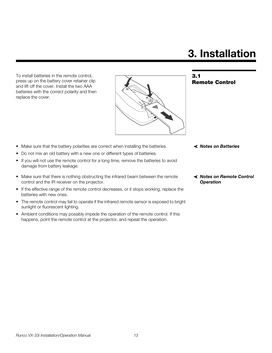 Installation, 1 remote control, Notes on batteries | Notes on remote control operation, Remote control, Pre l iminar y | Runco VIDEO XTREME VX-33I User Manual | Page 29 / 92