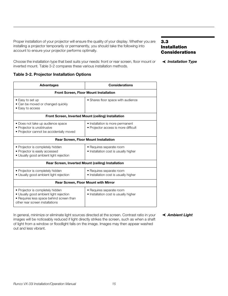 3 installation considerations, Installation type, Table 3-2 . projector installation options | Ambient light, Installation considerations, Pre l iminar y | Runco VIDEO XTREME VX-33I User Manual | Page 31 / 92
