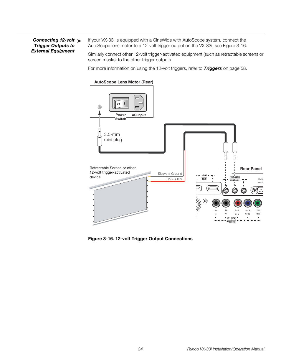 Figure 3-16 . 12-volt trigger output connections, 16. 12-volt trigger output connections, Pre l iminar y | Runco VIDEO XTREME VX-33I User Manual | Page 50 / 92