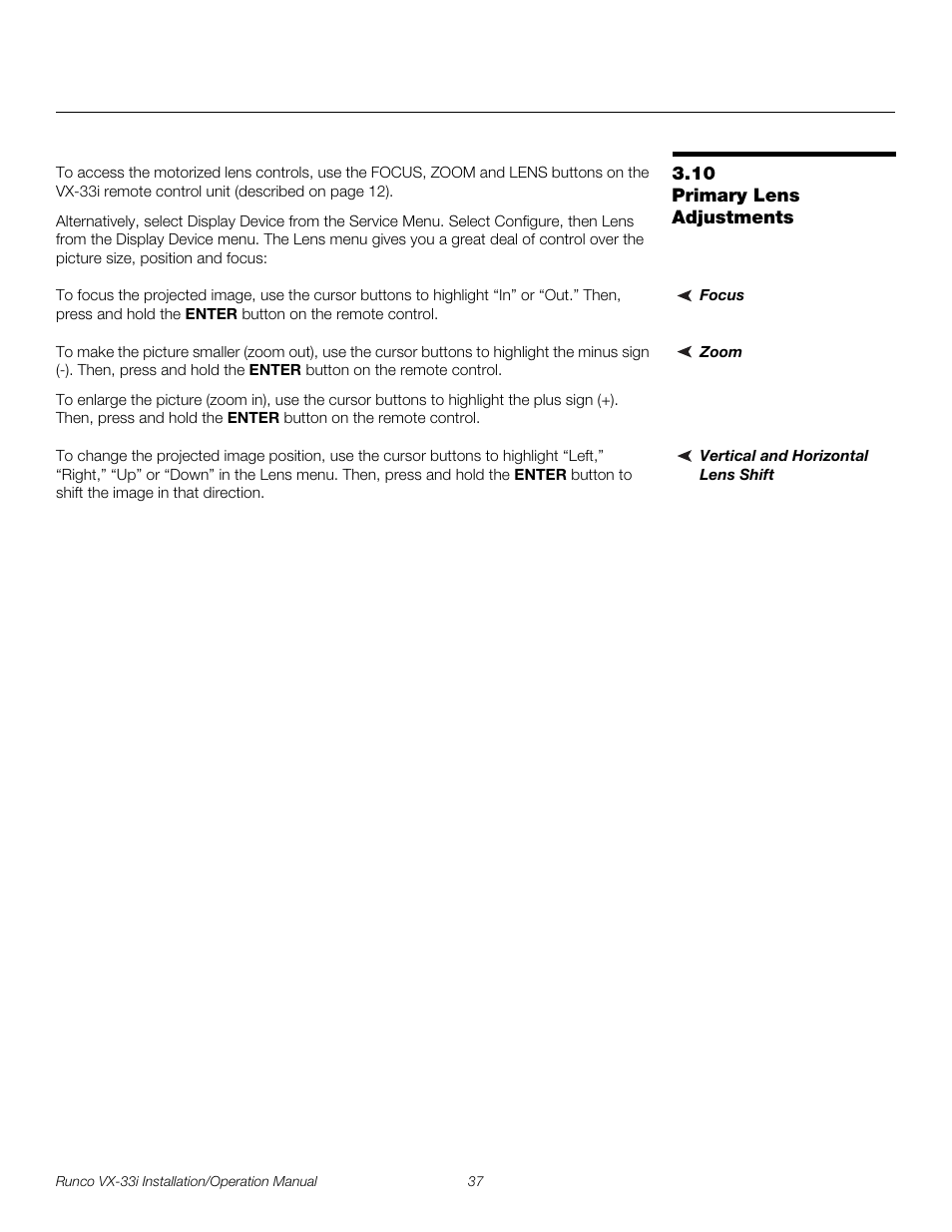 10 primary lens adjustments, Focus, Zoom | Vertical and horizontal lens shift, Iminar, Primary lens adjustments, Pre l iminar y | Runco VIDEO XTREME VX-33I User Manual | Page 53 / 92