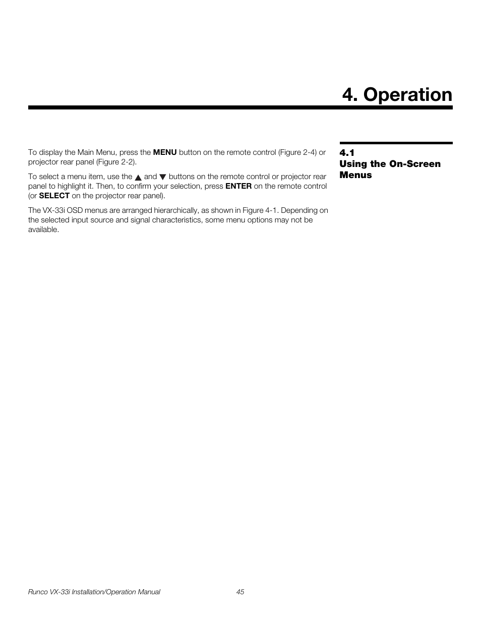 Operation, 1 using the on-screen menus, Using the on-screen menus | Pre l iminar y | Runco VIDEO XTREME VX-33I User Manual | Page 61 / 92