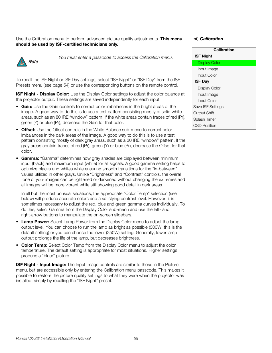 Calibration, Isf night - display color, Isf night - input image | Pre l iminar y | Runco VIDEO XTREME VX-33I User Manual | Page 71 / 92