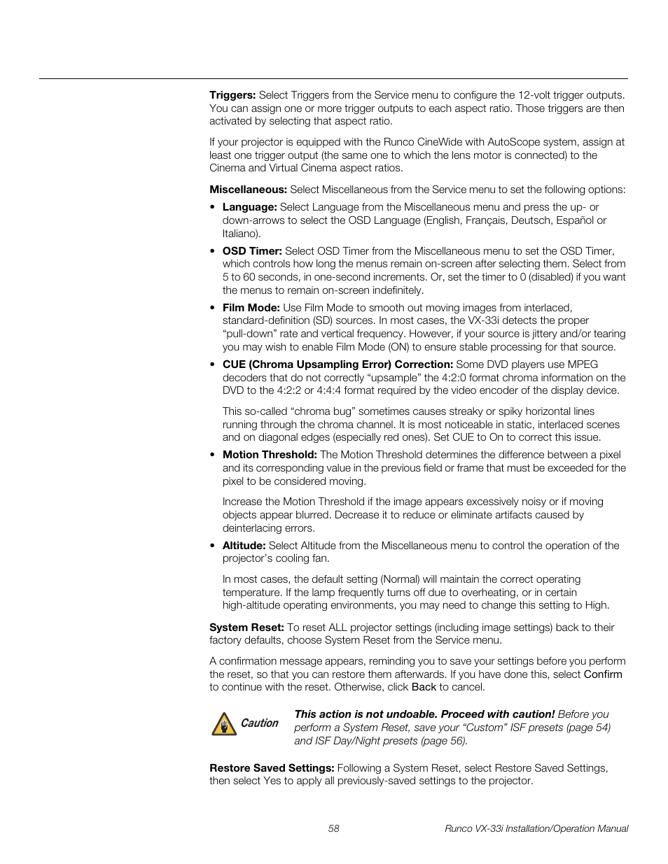 Triggers, Miscellaneous, System reset | Restore saved settings, Iminar, Orm a system reset, D restore saved settings, Pre l iminar y | Runco VIDEO XTREME VX-33I User Manual | Page 74 / 92