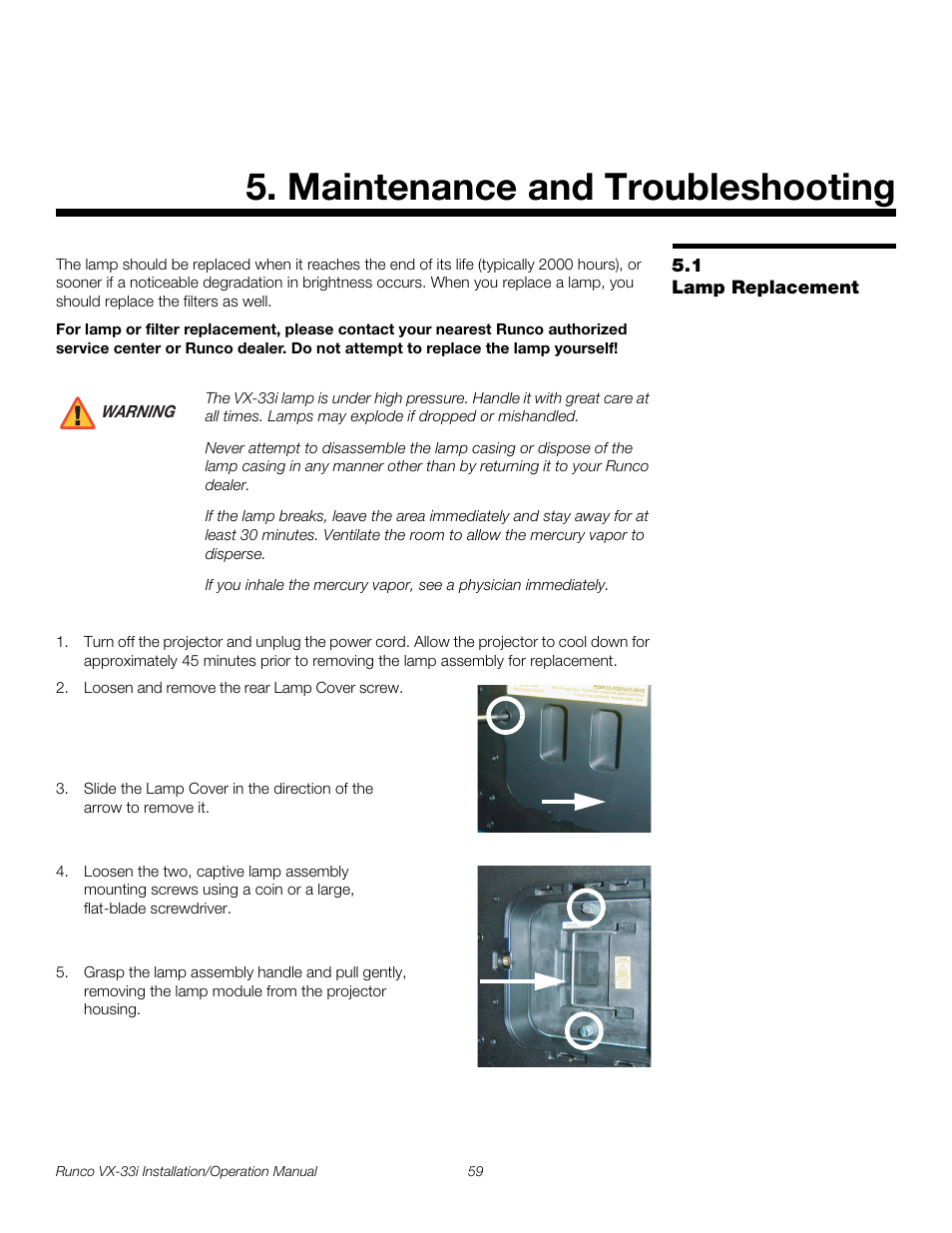 Maintenance and troubleshooting, 1 lamp replacement, Lamp replacement | Pre l iminar y | Runco VIDEO XTREME VX-33I User Manual | Page 75 / 92