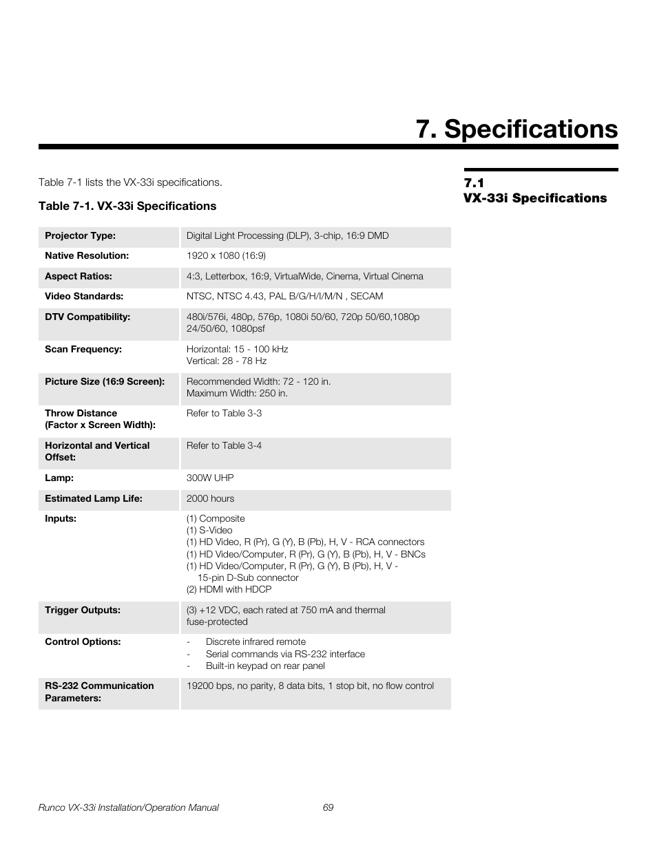 Specifications, 1 vx-33i specifications, Table 7-1 . vx-33i specifications | Vx-33i specifications, Pre l iminar y | Runco VIDEO XTREME VX-33I User Manual | Page 85 / 92