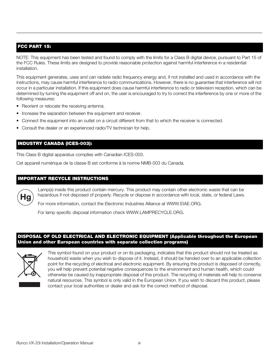 Pre l iminar y | Runco VIDEO XTREME VX-33I User Manual | Page 9 / 92