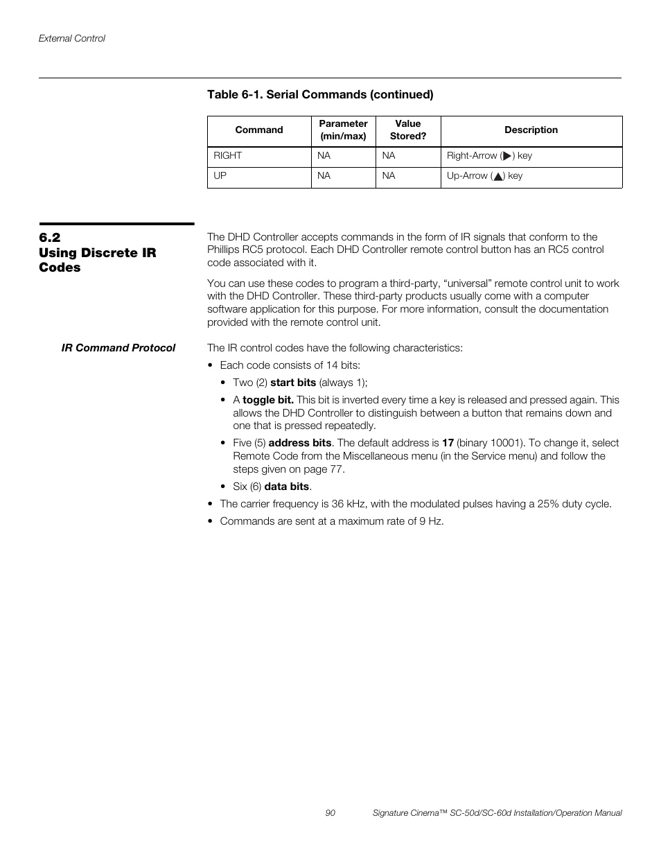 2 using discrete ir codes, Ir command protocol, Using discrete ir codes | Pre l iminar y | Runco SIGNATURE CINEMA SC-50D User Manual | Page 106 / 124