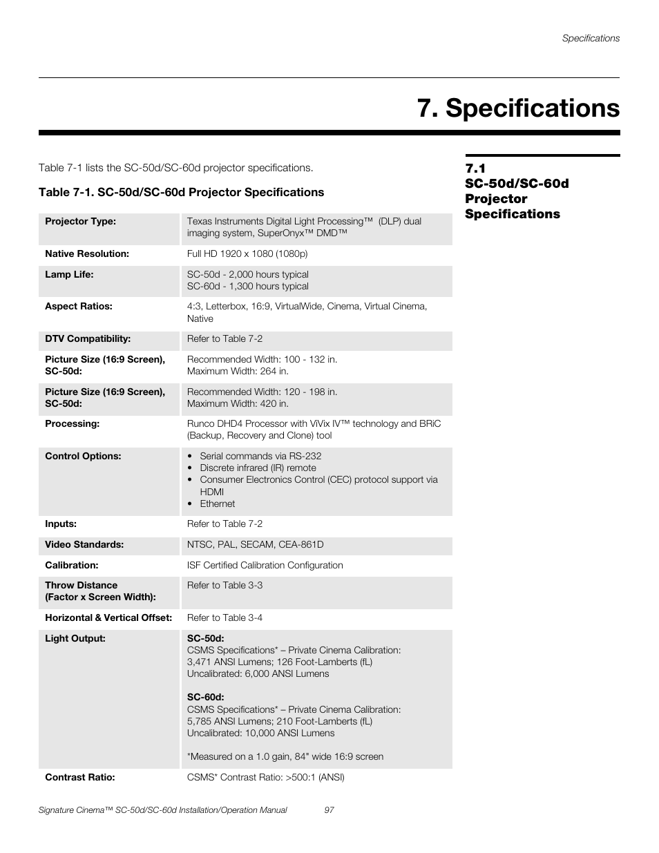 Specifications, 1 sc-50d/sc-60d projector specifications, Table 7-1 . sc-50d/sc-60d projector specifications | Sc-50d/sc-60d projector specifications, Pre l iminar y | Runco SIGNATURE CINEMA SC-50D User Manual | Page 113 / 124