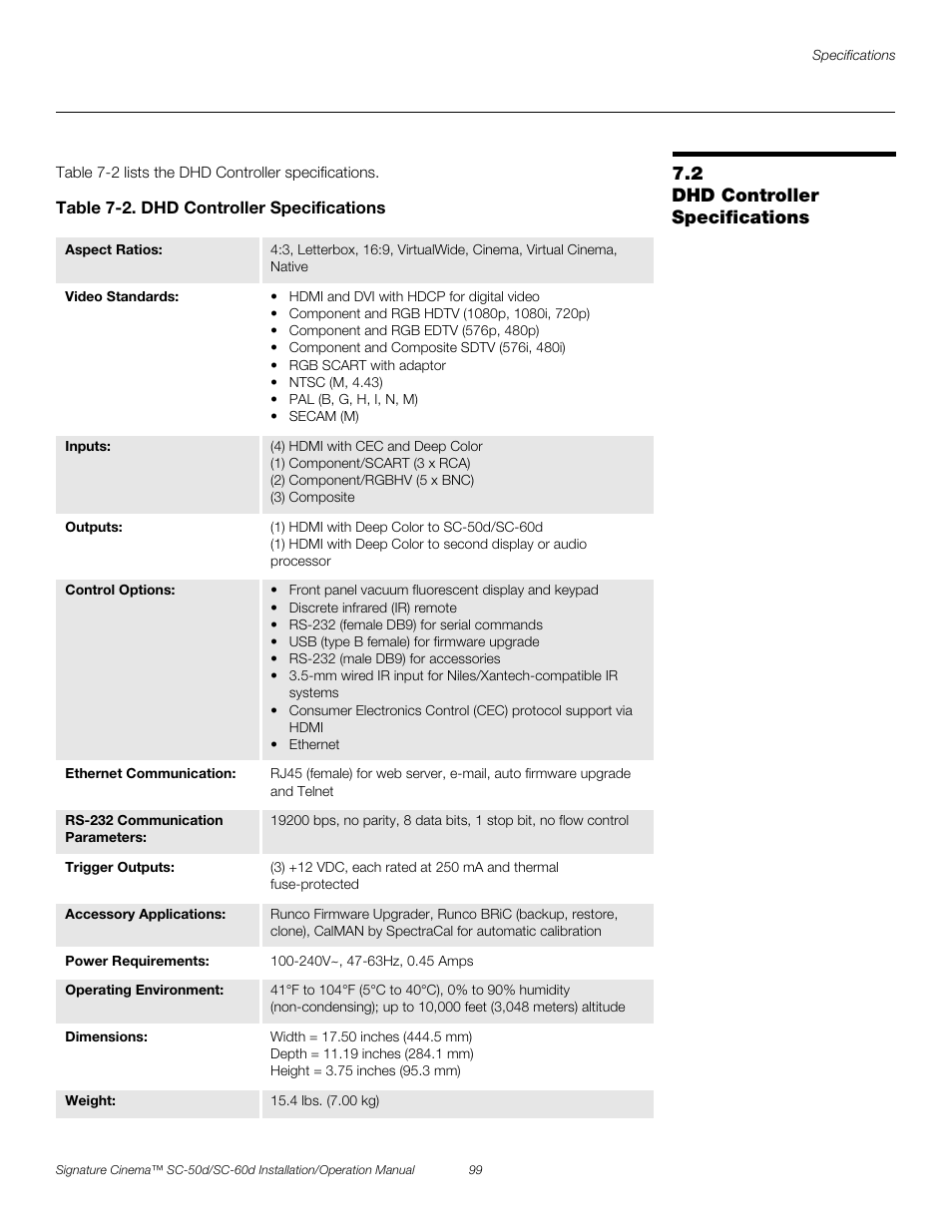 2 dhd controller specifications, Table 7-2 . dhd controller specifications, Dhd controller specifications | Table 7-2, Pre l iminar y | Runco SIGNATURE CINEMA SC-50D User Manual | Page 115 / 124
