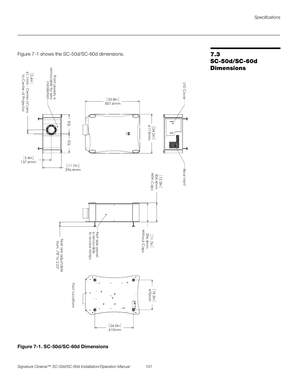 3 sc-50d/sc-60d dimensions, Figure 7-1 . sc-50d/sc-60d dimensions, Sc-50d/sc-60d dimensions | 1. sc-50d/sc-60d dimensions, Pre l iminar y | Runco SIGNATURE CINEMA SC-50D User Manual | Page 117 / 124