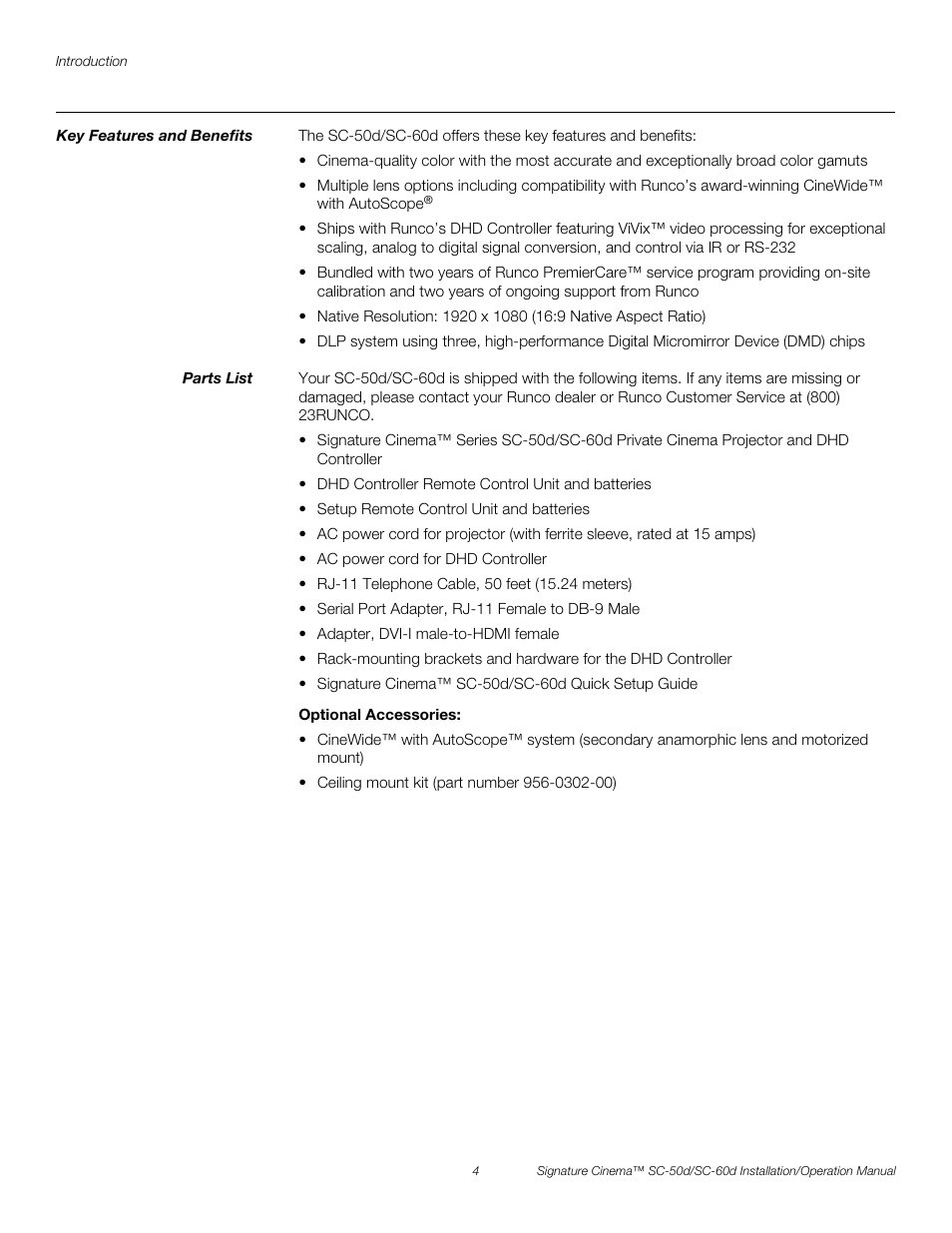 Key features and benefits, Parts list, Optional accessories | Pre l iminar y | Runco SIGNATURE CINEMA SC-50D User Manual | Page 20 / 124