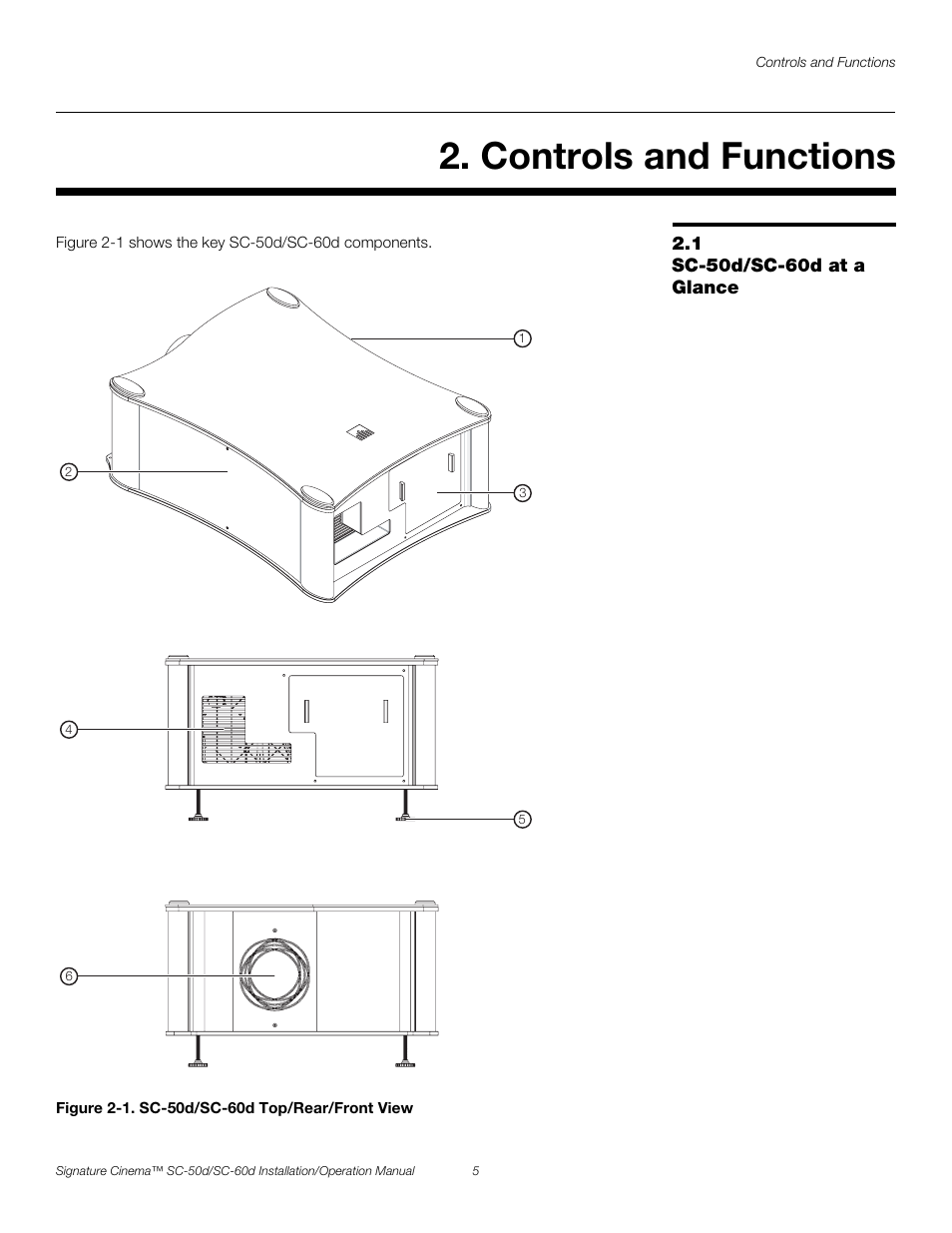 Controls and functions, 1 sc-50d/sc-60d at a glance, Figure 2-1 . sc-50d/sc-60d top/rear/front view | Iminar, Sc-50d/sc-60d at a glance, 1. sc-50d/sc-60d top/rear/front view, Pre l iminar y | Runco SIGNATURE CINEMA SC-50D User Manual | Page 21 / 124