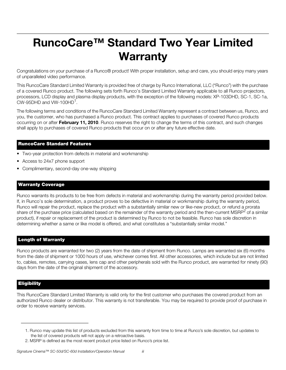 Runcocare™ standard two year limited warranty, Pre l iminar y | Runco SIGNATURE CINEMA SC-50D User Manual | Page 3 / 124