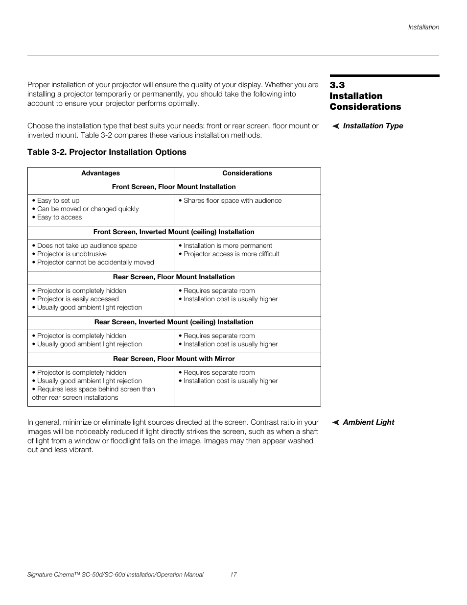 3 installation considerations, Installation type, Table 3-2 . projector installation options | Ambient light, Installation considerations, Pre l iminar y | Runco SIGNATURE CINEMA SC-50D User Manual | Page 33 / 124