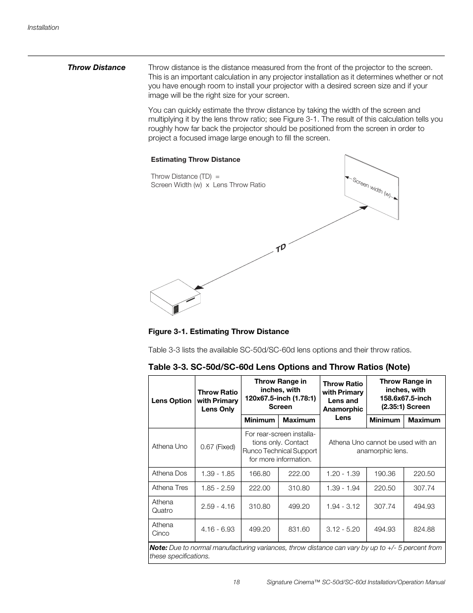 Throw distance, Figure 3-1 . estimating throw distance, 1. estimating throw distance | Pre l iminar y | Runco SIGNATURE CINEMA SC-50D User Manual | Page 34 / 124