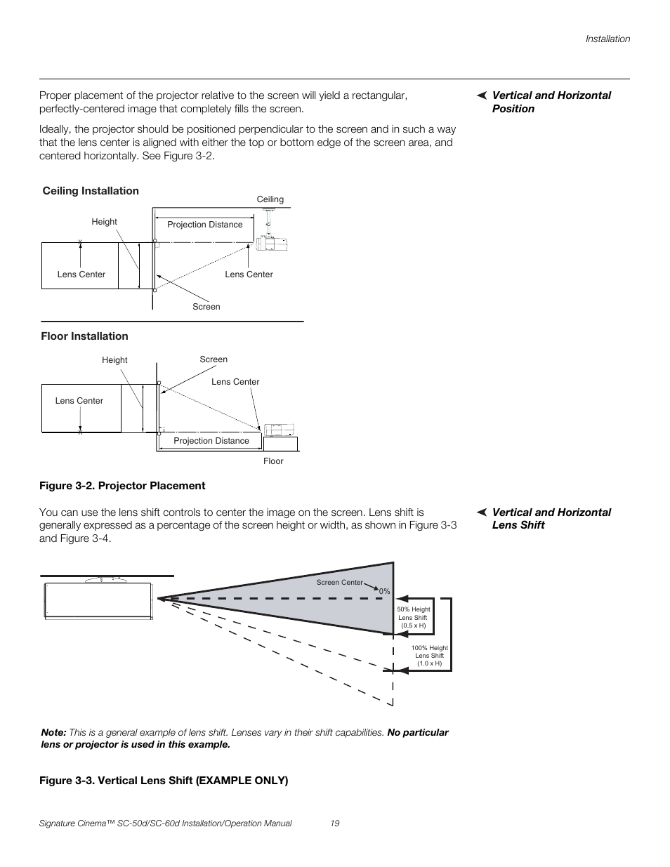 Vertical and horizontal position, Figure 3-2 . projector placement, Vertical and horizontal lens shift | Figure 3-3 . vertical lens shift (example only), 2. projector placement, 3. vertical lens shift (example only), Pre l iminar y | Runco SIGNATURE CINEMA SC-50D User Manual | Page 35 / 124