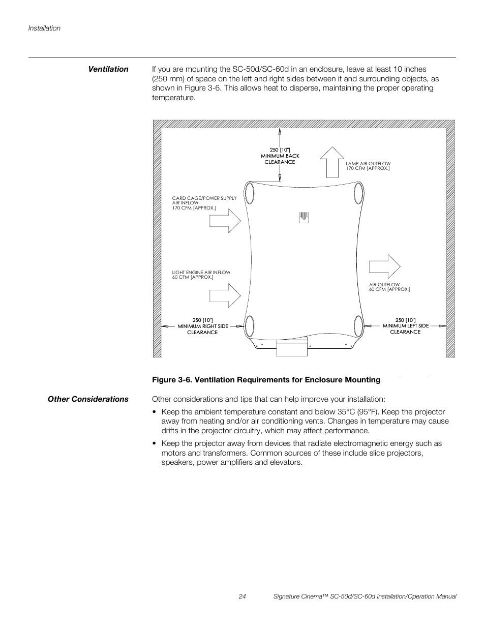 Ventilation, Other considerations, 6. ventilation requirements for enclosure mounting | Pre l iminar y | Runco SIGNATURE CINEMA SC-50D User Manual | Page 40 / 124