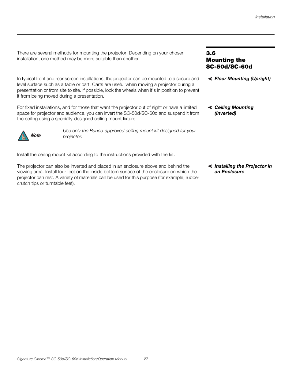 6 mounting the sc-50d/sc-60d, Floor mounting (upright), Ceiling mounting (inverted) | Installing the projector in an enclosure, Iminar, Mounting the sc-50d/sc-60d, Pre l iminar y | Runco SIGNATURE CINEMA SC-50D User Manual | Page 43 / 124