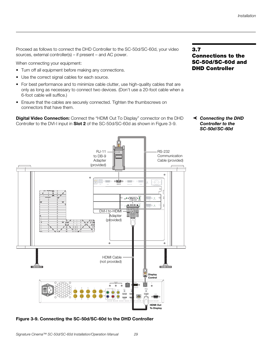 Connecting the dhd controller to the sc-50d/sc-60d, Digital video connection, Pre l iminar y | Installation | Runco SIGNATURE CINEMA SC-50D User Manual | Page 45 / 124