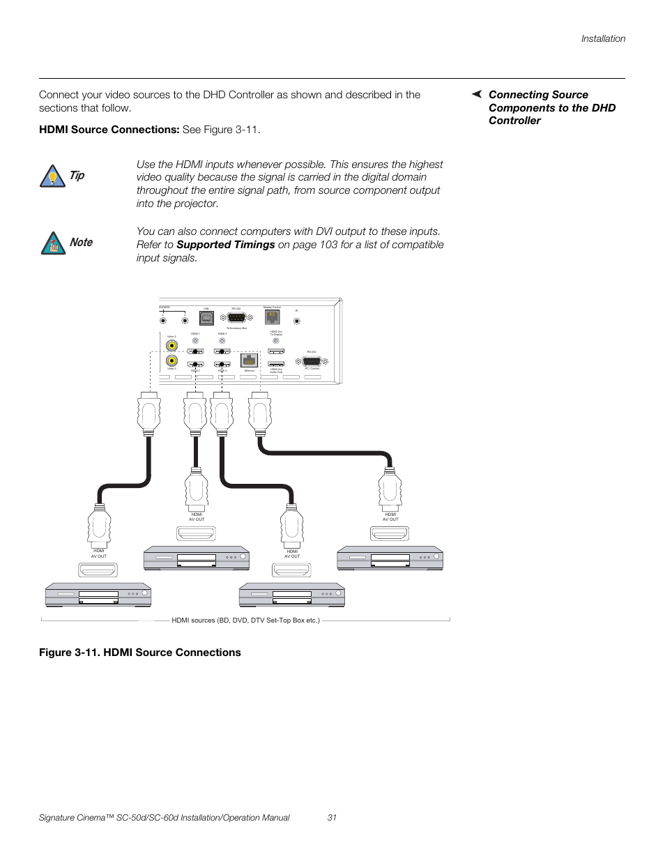 Connecting source components to the dhd controller, Hdmi source connections, Figure 3-11 . hdmi source connections | 11. hdmi source connections, Pre l iminar y | Runco SIGNATURE CINEMA SC-50D User Manual | Page 47 / 124