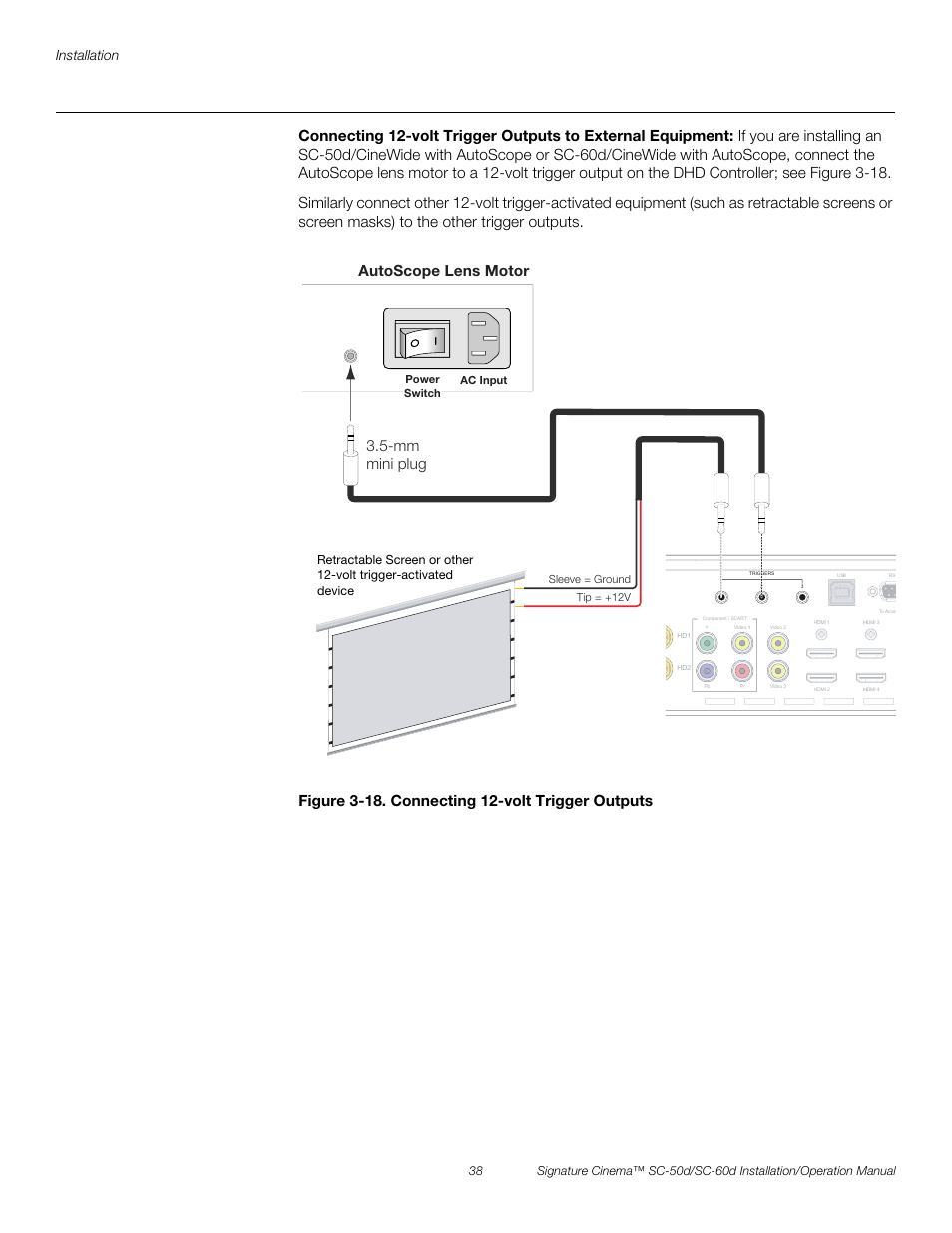 Figure 3-18 . connecting 12-volt trigger outputs, 18. connecting 12-volt trigger outputs, Figure 3-18 | Pre l iminar y | Runco SIGNATURE CINEMA SC-50D User Manual | Page 54 / 124