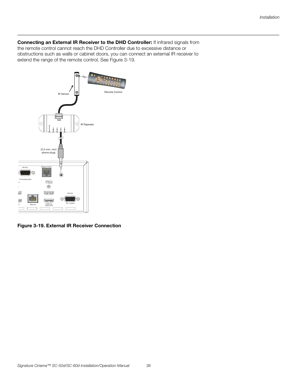Figure 3-19 . external ir receiver connection, 19. external ir receiver connection, Pre l iminar y | Runco SIGNATURE CINEMA SC-50D User Manual | Page 55 / 124